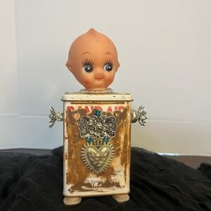Whimsical Assemblage Art Kewpie Doll Robot Band-Aid Tin Repurposed Eccentric